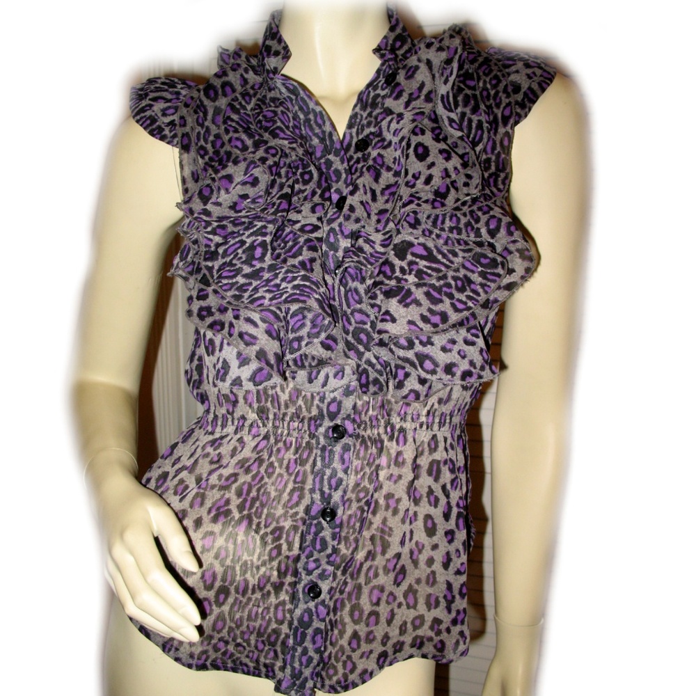 Y2K Miley Cyrus Max Azria Leopard Print Ruffle Blouse Purple Sheer Indie Sleaze